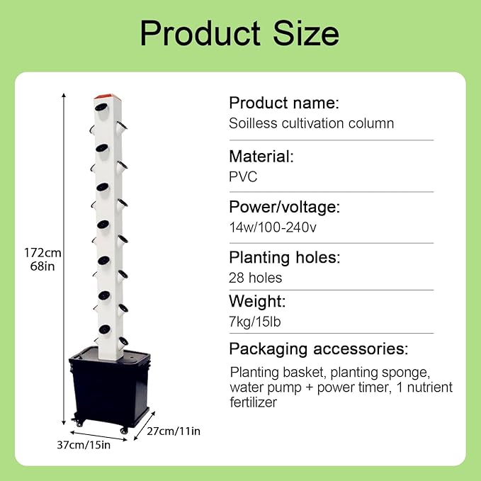 28 Holes Hydroponic Grow Tower Aeroponic Tower Garden System with Movable Water Tank Soilless Cultivation Grow Tower for Herbs Fruits and Vegetables