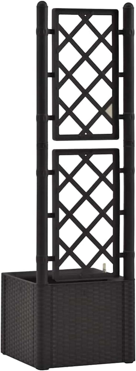 Garden Raised Bed with Trellis and Self-Watering System – Anthracite 4?x4?x5? 35L Capacity UV-Resistant Plastic Rattan-Style Includes Water Level Indicator