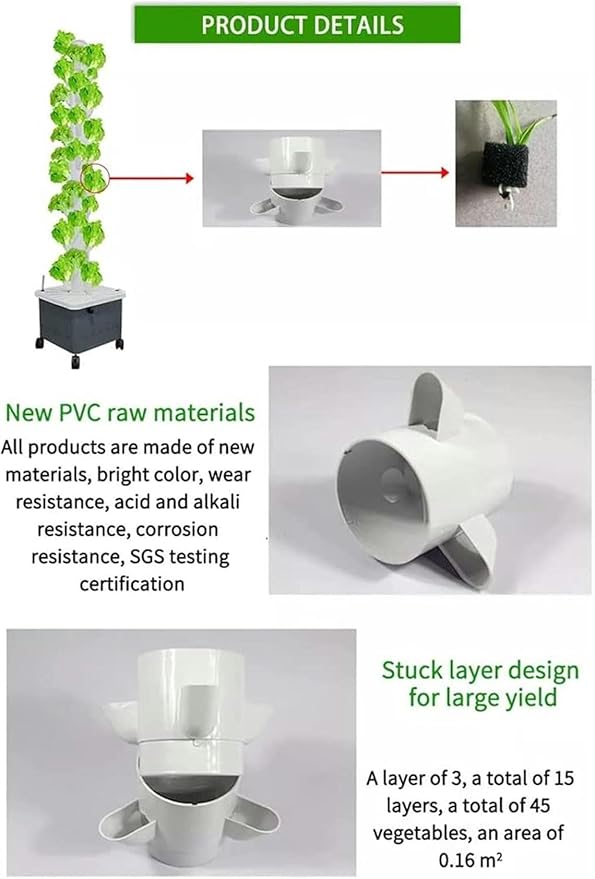 Hydroponics Tower with Light Stand 45 Holes Aquaponics Grow System 15 Floors Garden Tower Aeroponics Growing Kit for Fruits and Vegetables Automatic Planting