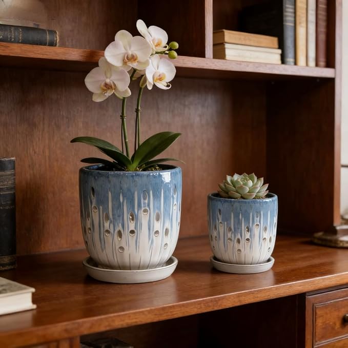 Handmade Blue White Gradient Ceramic Planter Set (7.48×8.07 5.51×6.1) IndoorOutdoor Flower Pot for Orchids Succulents on Windowsill Breathable with Drainage Holes