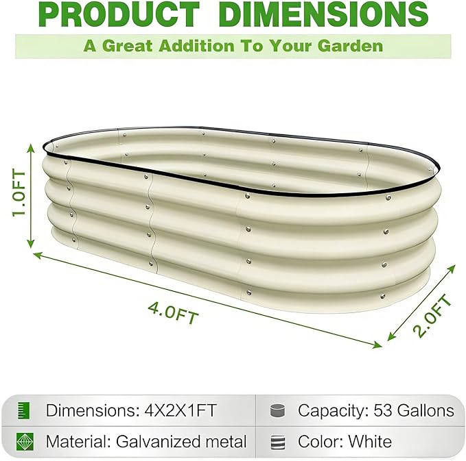GrowHaus 4x2x1FT Galvanized Raised Garden Bed Planter Boxes Outdoor Metal Garden Beds for Planting Vegetables Flowers Herbs White