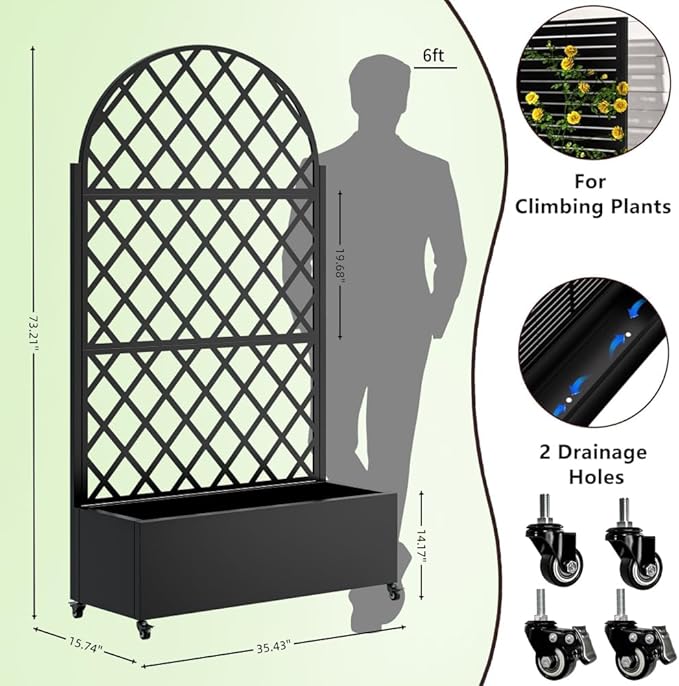 Heavy-Duty Metal Planter Box with Built-in Trellis for Climbing Plants Vegetables and Vines – Rust-Resistant Raised Garden Bed with Drainage and Mobility Features (Round)