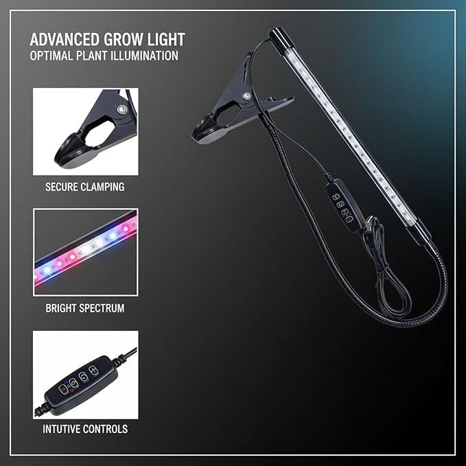 5W Led Plant Grow Light Clip On with Timer and 10-Level Dimmable Brightness Black Full Spectrum USB Powered for Indoor Plants Seedlings Succulents Herbs