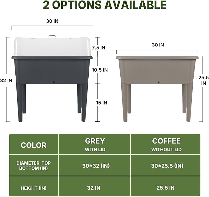 13.2 Gallon Self Watering Raised Garden Bed with or Without Transparent Ventilation Lid Greenhouse Planter Box with Legs for Indoor/Outdoor Use Ideal for Herbs &amp Vegetables (Grey with Lid)