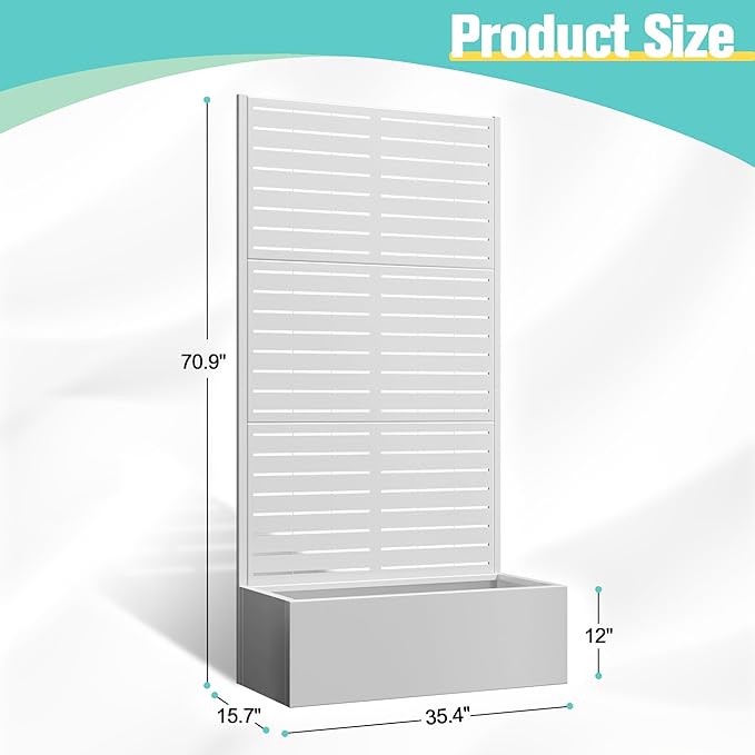 71x35x16 Metal Planter Box with Trellis Raised Garden Bed with Trellis Planter Box &amp Privacy Screen for Climbing Plants Vegetable Vines(White Louvered)