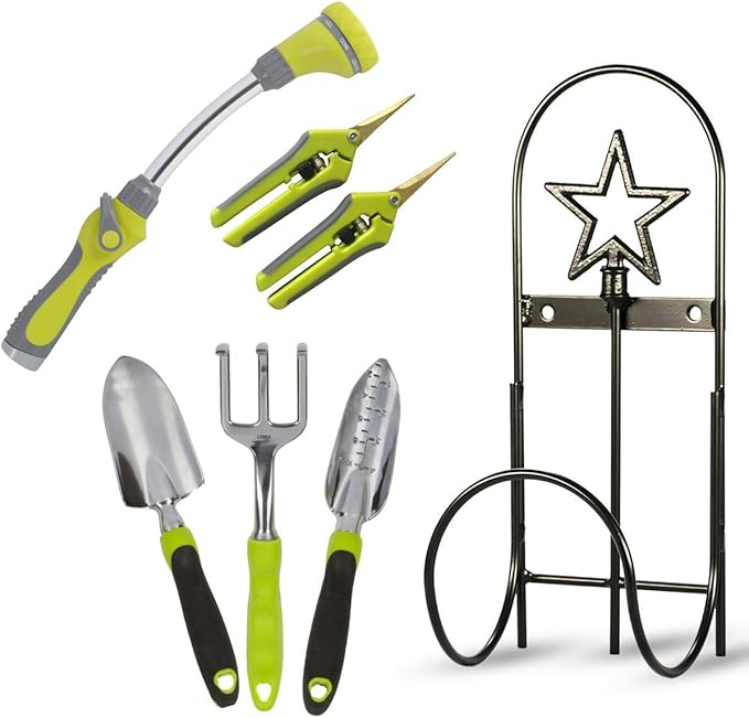 Ultimate Gardening Tool Set - Includes Wrought Iron Hose HolderWatering Wand Garden Hand Tools and Set of Two Garden Scissors. Gardening Gifts for Men and Women