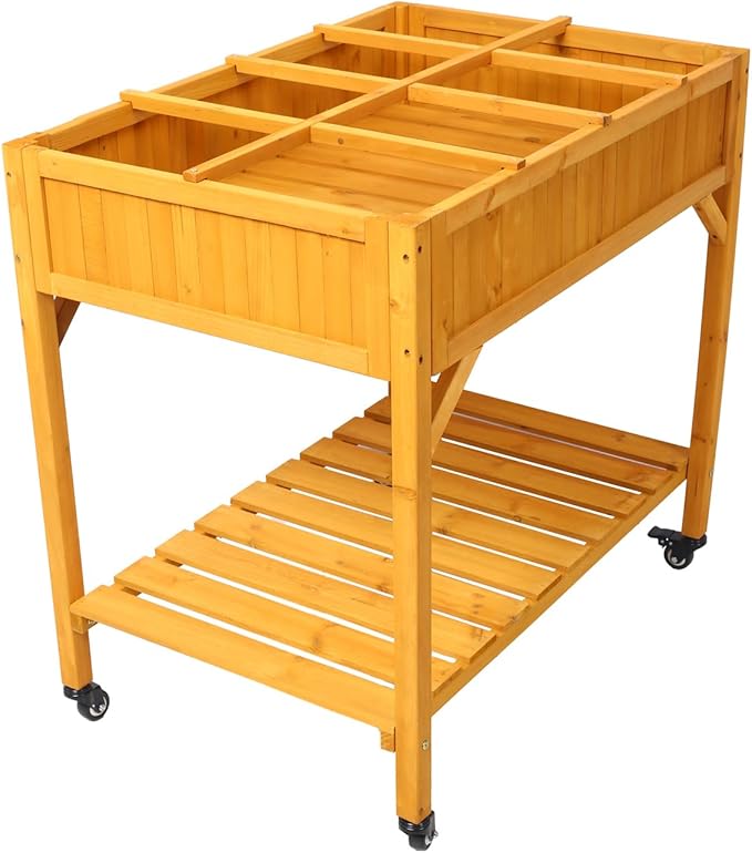 ZeHuoGe Elevated Garden Bed W/Lockable Wheels Storage Shelf Drainage Holes Mobile Raised Customizable Wood Planter for Herbs Vegetables Flowers. (34.6 Inch)