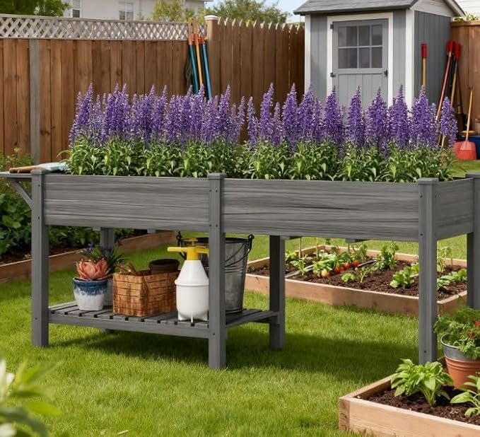 Elevated Garden BedWood Raised GBoxwith Side TableBottom ShelfBed Liners and Drainage Holes