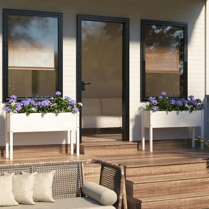 White Solid Wood Pine Garden Planter Boxes - 2 pcs 43.3 Large Outdoor Flower Plant Beds for Gardening &amp Planting