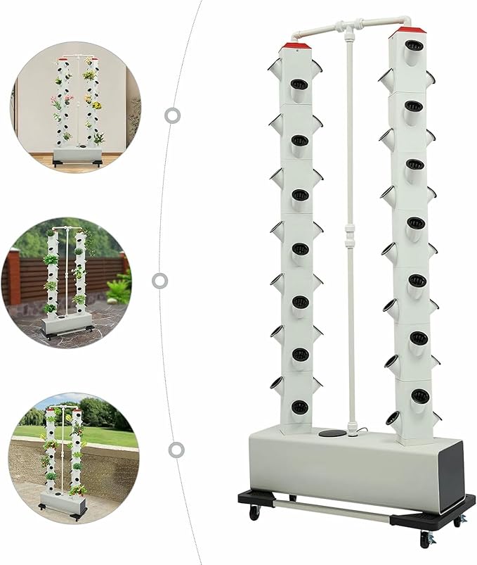 Indoor Hydroponics Growing System Kit - 2-Tier 56-Plant Hydroponic Tower with Breeding Sponges Seed Trays Water Pump for Gardening-