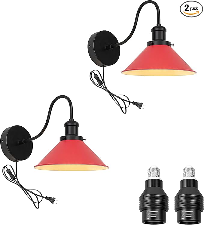 2-Pack Hook Mounted Plant Light Full Spectrum 4500K 10W Adjusted Light Beam Range 15°-60° Vintage Red Cone Shade Goose Neck Wall Lamp for Indoor Plants Flowers Growing