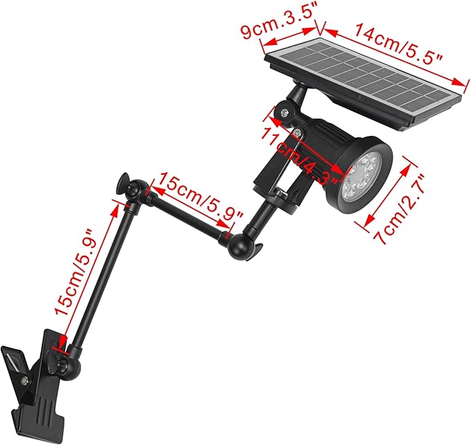 Outdoor Solar Power Daylight Spotlight Black Clip Mount Adjusted Angle Telescopic Arm Waterproof Easy to Install Spot Lamp for Landscape Yard Balcony