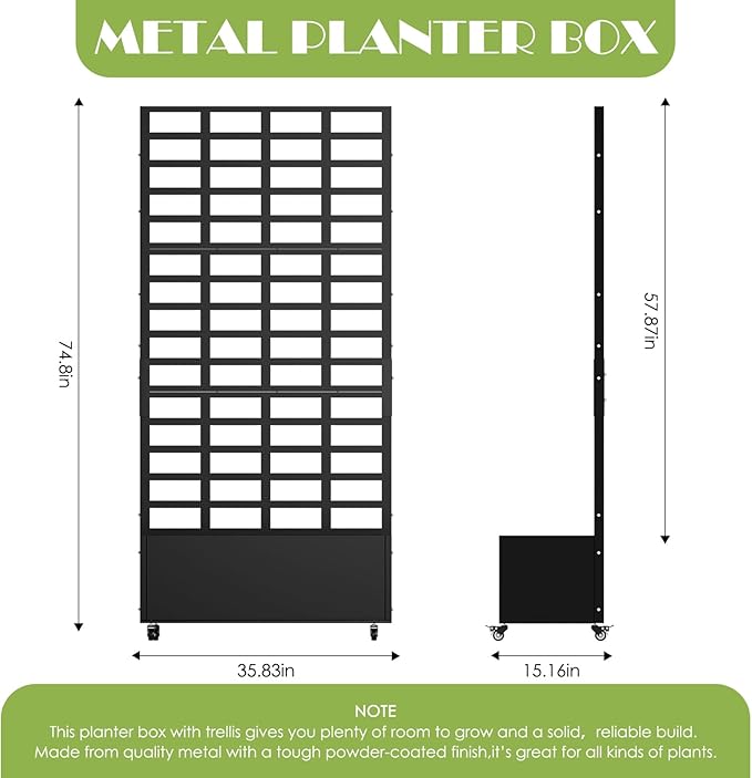 Metal Planter Box with Trellis for Climbing Plants 74.8x35.83x15.16 Raised Garden Bed with Privacy Screen Outdoor Planter with Drainage Holes Black