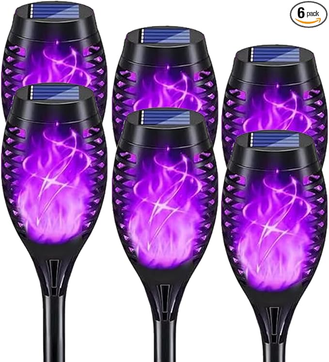 Solar Lights Outdoor Decorations Upgraded Purple Flickering Flame Waterproof Halloween Torch Lights Tiki Torches for Outside Patio Pathway Decor 6 Pack (6)