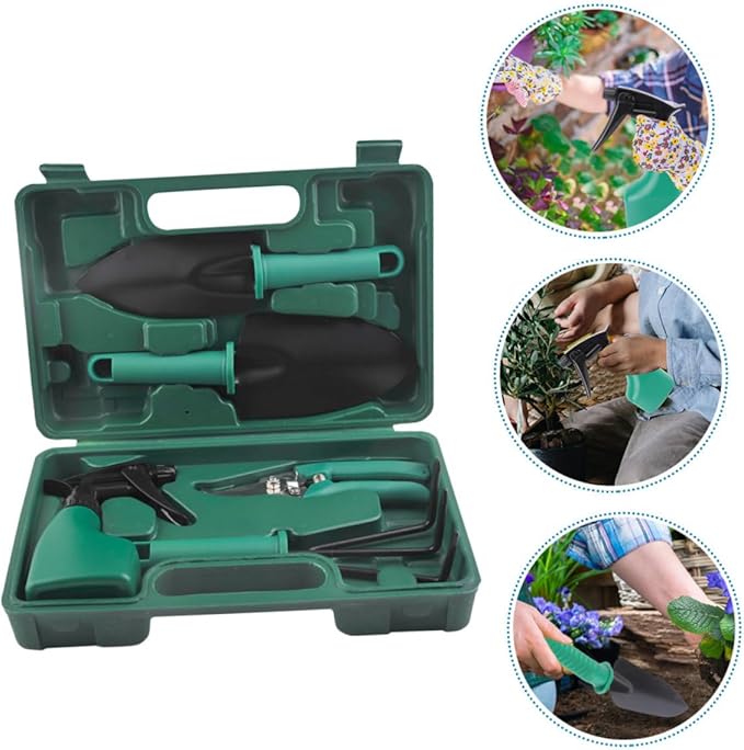 Heavy Duty Gardening Tool Set 5pcs with Stainless Steel Shovel Rake Pruner and Portable Carrying Case for Outdoor Garden Planting and Lawn Care