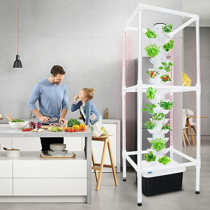 Tower Hydroponics Growing System 8 Sections Led Timed Grow Light40 Pcs Nursery Germination Kit - Herbs Fruits and Vegetables - Hydrating Pump Adapter Seeding Bed &amp Net Pots