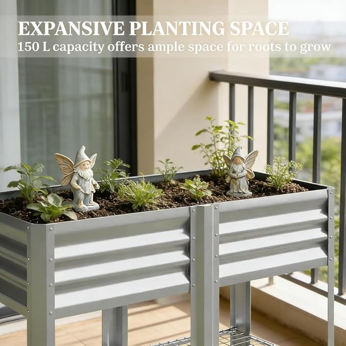 Raised Garden Bed39.6 Gal CapacityPowder-Coated Galvanized Steel Supporting Up to 396 lbsIncludes a Bottom Shelf6 Legsfor Backyard Patio Balcony