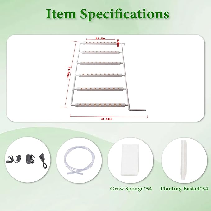 Hydroponic Grow KitPump TimerFood-Grade PVC-U Pipes Hydroponics Planting System with Water Pump Nest Basket and Sponge for Leafy Vegetables