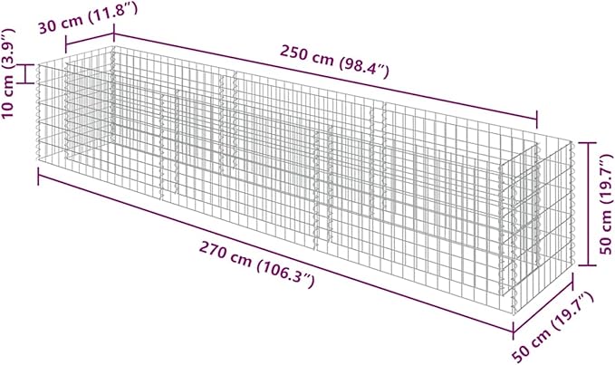 Galvanized Steel Gabion Raised Bed 270x50x50cm Garden Planter Box for Flowers Plants Patio Border