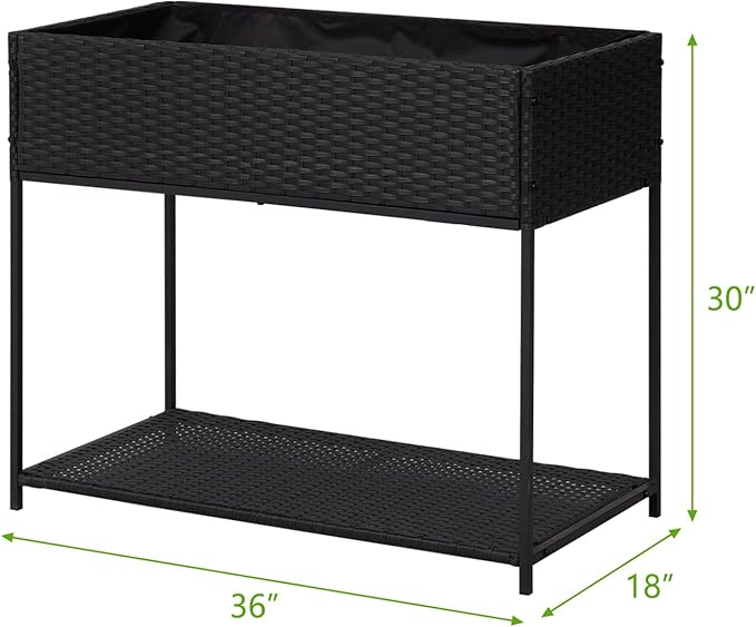 Kinsuite Rattan Raised Bed Planter - Elevated Wicker Planter Box with Tool Storage Shelf Garden Bed for Herbs Vegetables Flowers for Outdoor Indoor Black
