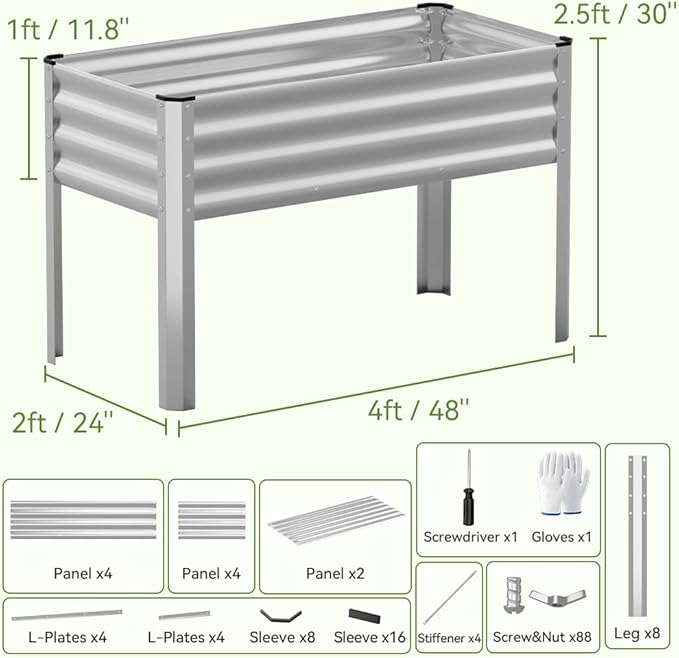 COMHOMA 2 Pack Raised Garden Bed with Legs 4x2x2.5ftLarge Elevated Galvanized Metal Planter Box with Drainage HolesOutdoor Growing Kit with Gloves Tools for Backyard Patio LawnSliver