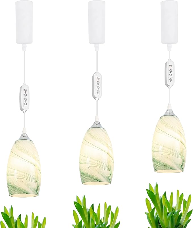 Adjustable Height Full Spectrum 10W Plant Growing Lamp H-Type Track Pendants Lake Green Marble Oval Bell Glass Hand Blown Cover AUTO Timer for Basil Indoor Green House Customizable