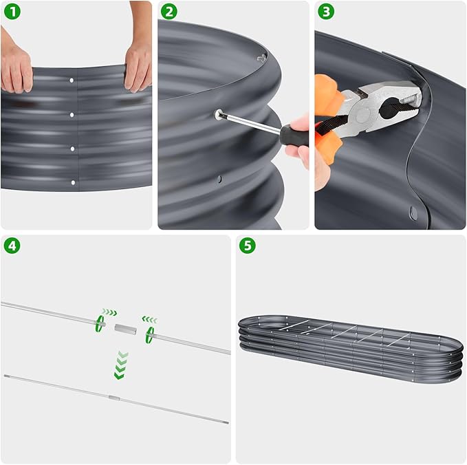 Land Guard 8×2×1ft Galvanized Raised Garden Bed Kit 108 Gallon Capacity Raised Garden Boxes Outdoor Oval Metal Raised Garden Beds for Vegetables Modern Grey(with 10 Connecting rods)