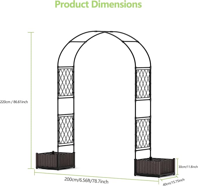 IDEAHOUSE 78 Garden Arbor with 2 Planter Boxes Versatile Climbing Frame Metal Garden Arch Trellis for Climbing Plants Decorative Wedding Arch Frame Weather-Resistant Trellis for Lawn Backyard
