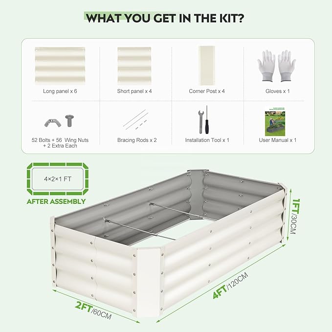 ZORMY 2 Pcs 4x2x1ft Galvanized Raised Garden Bed Outdoor Metal Planter Boxes with Easy Assembly Planter Raised Beds for Gardening Flower Plants Vegetable Herb - White