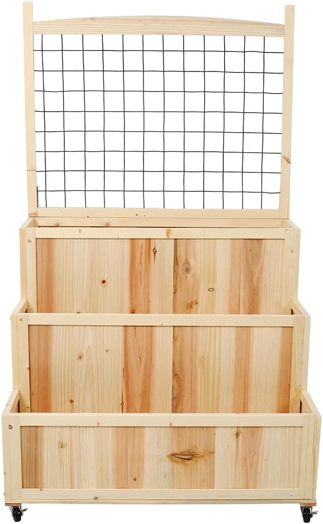 3-Tiers Raised Garden Bed Outdoor Wooden Planter Box with Wheels &amp Back Storage Area Elevated Wooden Planter Box for Flowers Vegetables Herbs Natural