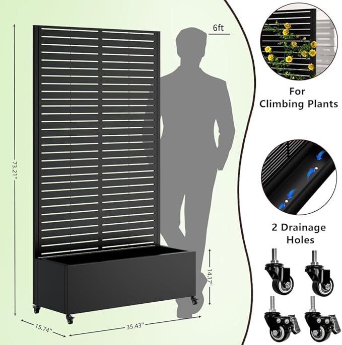 Heavy-Duty Metal Planter Box with Built-in Trellis for Climbing Plants Vegetables and Vines – Rust-Resistant Raised Garden Bed with Drainage and Mobility Features (Black)