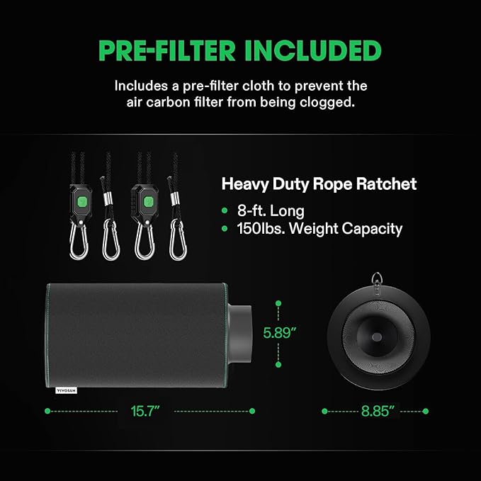 VIVOSUN 6 Inch Air Carbon Filter Smelliness Control with Australia Virgin Charcoal for Inline Fan Grow Tent Smelliniss Scrubber Pre-Filter Included Reversible Flange 6x 16 Black