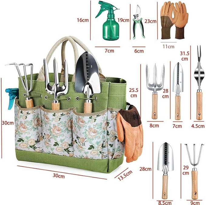 Gardening Tools Set 9-Piece Heavy Duty Hand Tools Weed Puller Tool Pruning Shears Bonsai Tools Hedge Clippers Garden Shovel Garden Scissors with Fashion Organizer Handbag Gift for Women mom