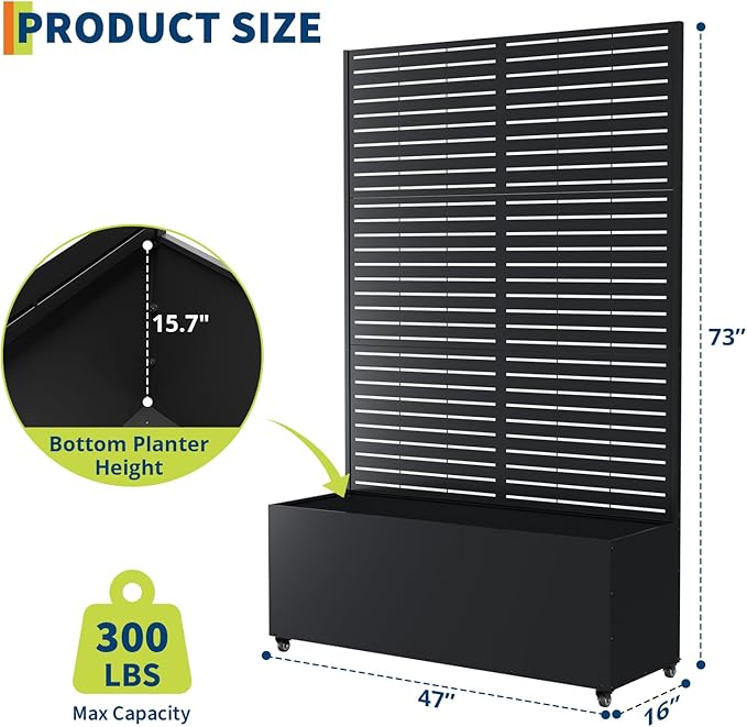 Metal Planter Box with Trellis 47X16X71 Raised Garden Bed w/Wheels Galvanized Metal Privacy Screen for Climbing Plants Vegetables Vines Patio Planters with Drainage Holes 16 Deep Bed