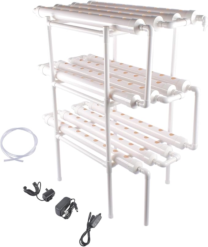 Floor-Standing Hydroponic Grow Kit 3 Layer 108 Plant Sites 12 Food-Grade PVC-U Pipes Hydroponics Planting System with Water Pump Pump Timer Nest Basket and Sponge for Leafy Vegetables