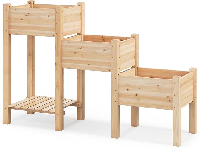 COSTWAY Raised Garden Bed 3-Tier Wooden Elevated Planter Stand with Open Shelf &amp Drainage Holes Outdoor Garden Bed Planting Boxes for Vegetables Fruits Flowers Herbs Natural