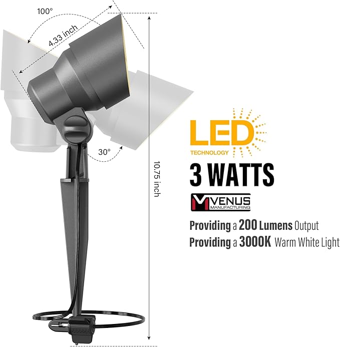 VENUS MANUFACTURING 24 Pack Low Voltage Landscape Spotlight 3W LED Outdoor Landscape Lighting Kits 200 Lumen Black Waterproof Flood Lights 12V 3000K Warm White Metal Tree Lights for Garden &amp Yard