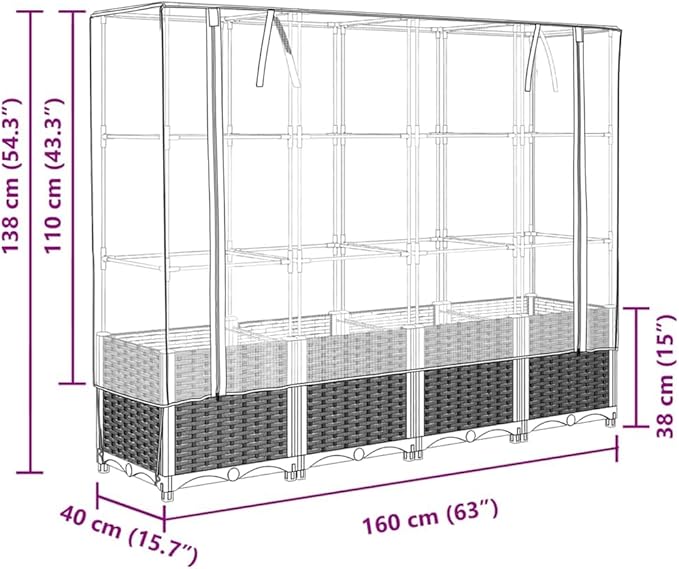 Raised Garden Bed with Greenhouse Cover Black Polypropylene 15.7x63x54.3in Planter Box for Outdoor Plants Balcony Terrace Gardening