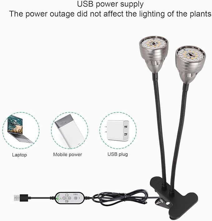 LED Plant Grow Lights Double Head Full USB Powered with Clip 5 - Level Brightness &amp 3 Modes - Flexible 360° Bend for Indoor Plant Light Grow Lights for Plants Growing Succule