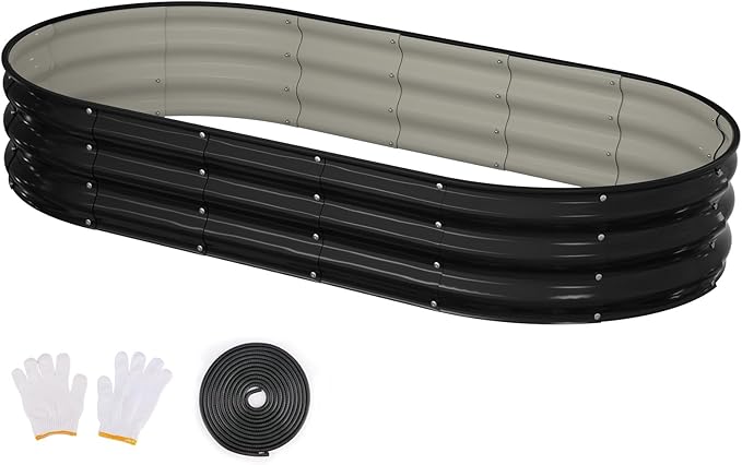 Raised Garden Bed 6x3x1ft Galvanized Outdoor Planter Beds with Safety Edging and Gloves Oval Metal Planter Box for Gardening Vegetables Flowers Herb-Black