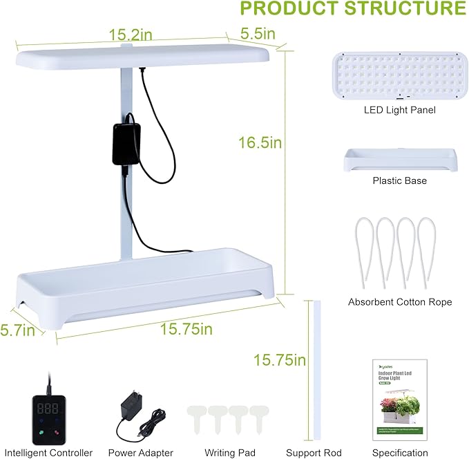 Indoor Garden Led Grow Light Full Spectrum LED Grow Lamp for Indoor Plants with Intelligent Controller Height Adjustable Ideal for Home Desk Plant Lighting (Without Pots)(White 16.5*6.5*4 inch)