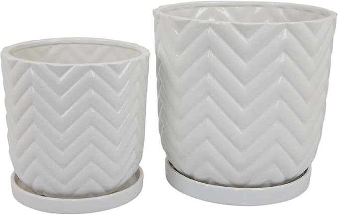 Planter Set of 2 Saucers Wave Patterns White Ceramic