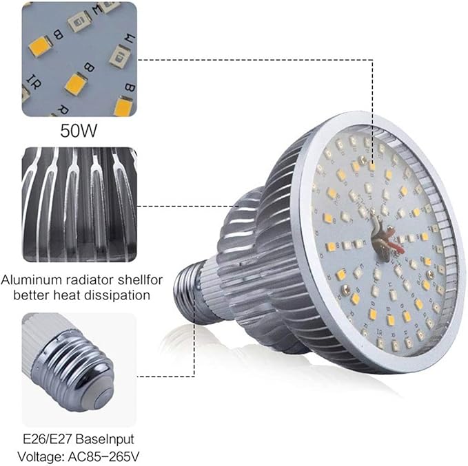 50W Full Spectrum LED Plant Grow Light Bulb E26 Base AC 85-265V LED Plant Light Bulb for Indoor Plants Vegetables Seedlings Hydroponics Indoor Garden Greenhouse 2-Pack