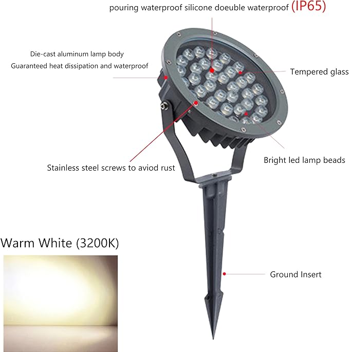 Outdoor LED Spotlight Waterproof Bright Outdoor Landscape Automatic Timer Mini Lawn Lamp 36W Graden Lights with Ground Stake Lawn Accent Lighting with Plug Courtyard Flag Light Warm White