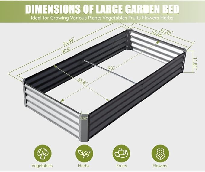 Heavy-Duty Galvanized Steel Raised Garden Bed for Outdoor Vegetable Fruit and Flower Planting – Rust-Resistant Metal Planter Box (8x4x1ft (Silver))