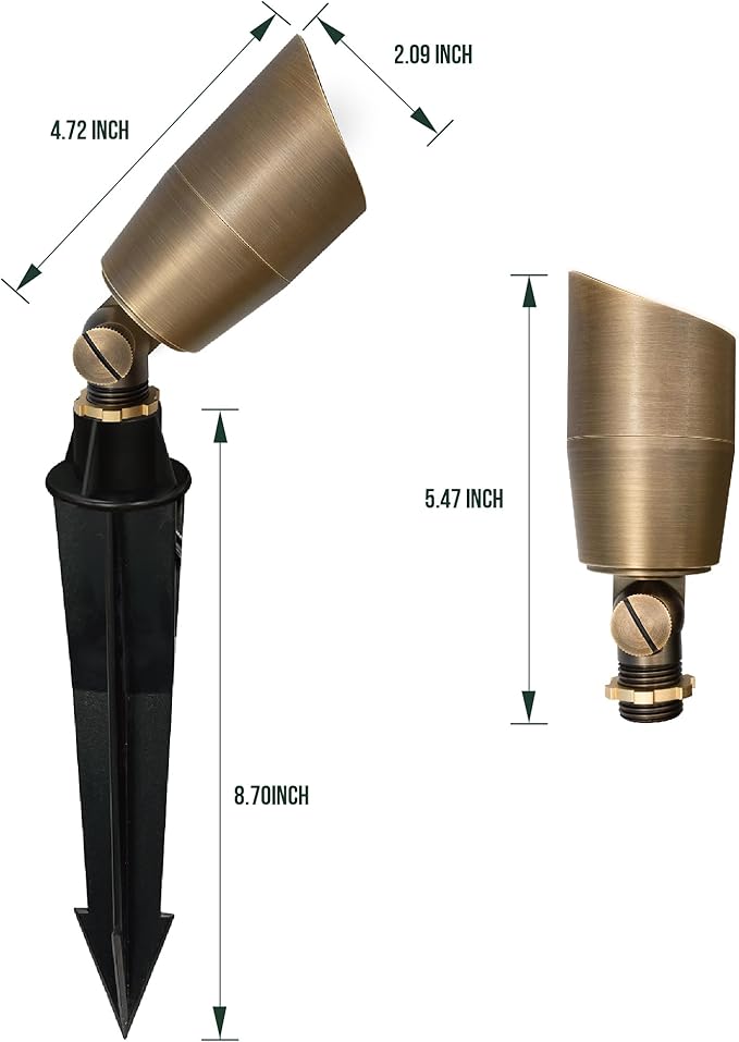 GKOLED Solid Brass Low Voltage Compact Spotlight 12V AC/DC Waterproof Outdoor Landscape Spot Lights for House Trees Garden Yard Lawn Up Light with 5W 2700K MR16 Bulb Stake Included