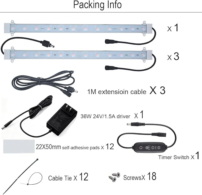 Litever Grow Light Strip Kit 36W with Timer 4 pcs 16 Inches LED Grow Light Strips with Extension Cables Mounting Accessories for Greenhouse Grow Shelf. Perfect for Indoor Growing-(4-Strip-Kit)