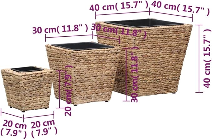 Raised Garden Bed Planter Boxes Natural Water Hyacinth &amp Steel Set of 3 Square Indoor Planters with Removable Pots Rustic Beige for Living Room Decor