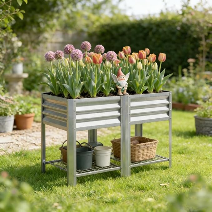 Raised Garden Bed39.6 Gal CapacityPowder-Coated Galvanized Steel Supporting Up to 396 lbsIncludes a Bottom Shelf6 Legsfor Backyard Patio Balcony
