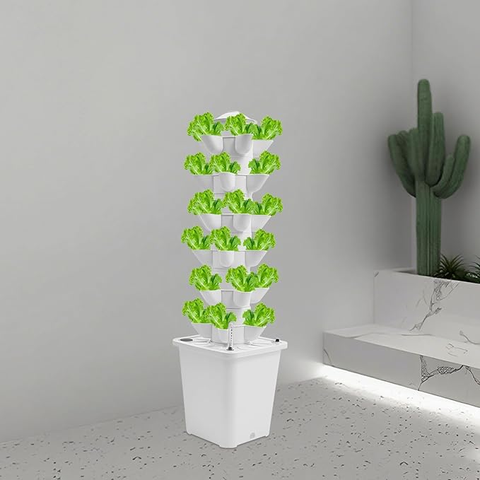 6-Tier Hydroponic Grow Tower Kit 30 Holes Planting Sites Indoor Garden System with Water Pump Self-Watering Vertical Gardening Kit for Lettuce Herbs Strawberries Vegetables Flowers White